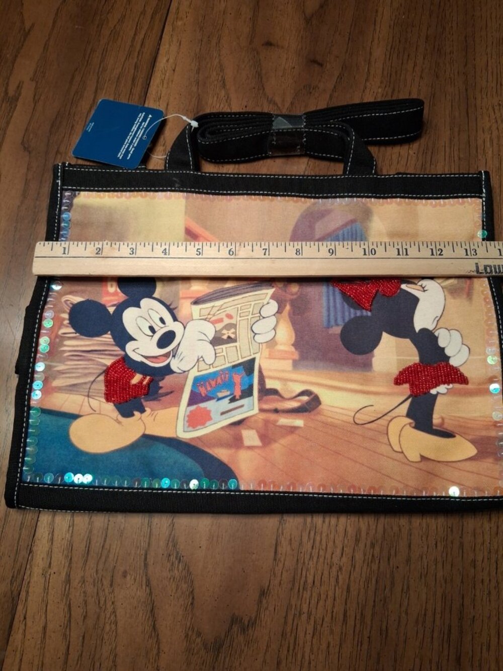 NWT Disney Mickey and Minnie Mouse Beaded Canvas Tote Purse Bag Black - Picture 10 of 11
